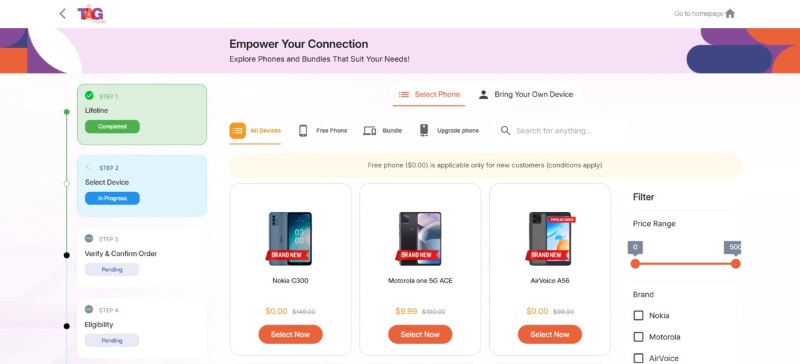 apply for government free phone at TAG Mobile